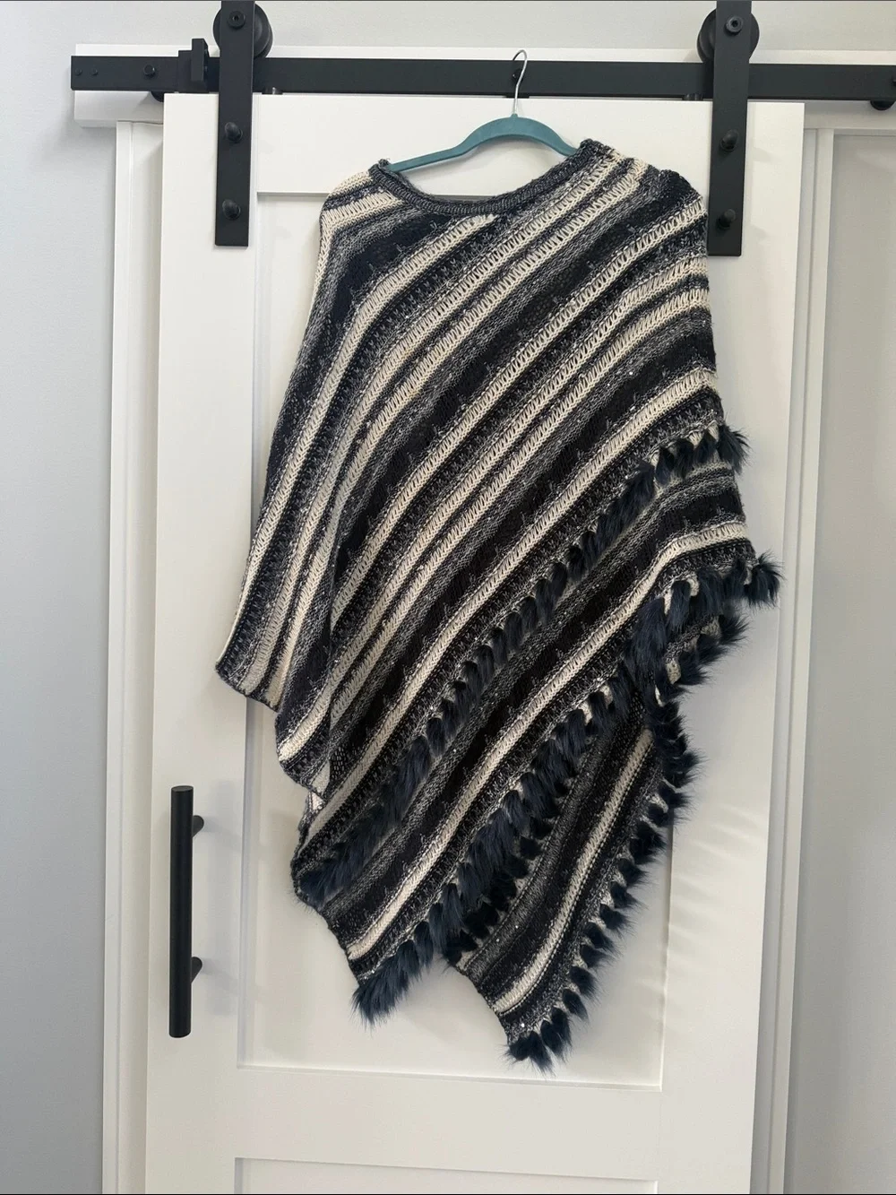 Chico's Black and Cream Striped Knit Poncho with Faux Fur Edge